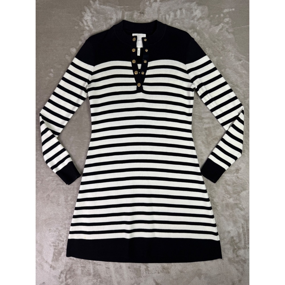 Avec Les Filles Striped Knit Dress Size Small‎ Gold Button Long Sleeve Preppy